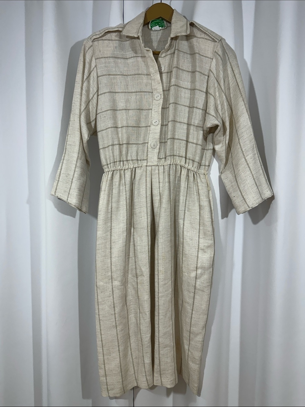 Vintage Patty O'Neil Linen Blend Shirt Dress Size 4 Beige Cottagecore Midi Dress
